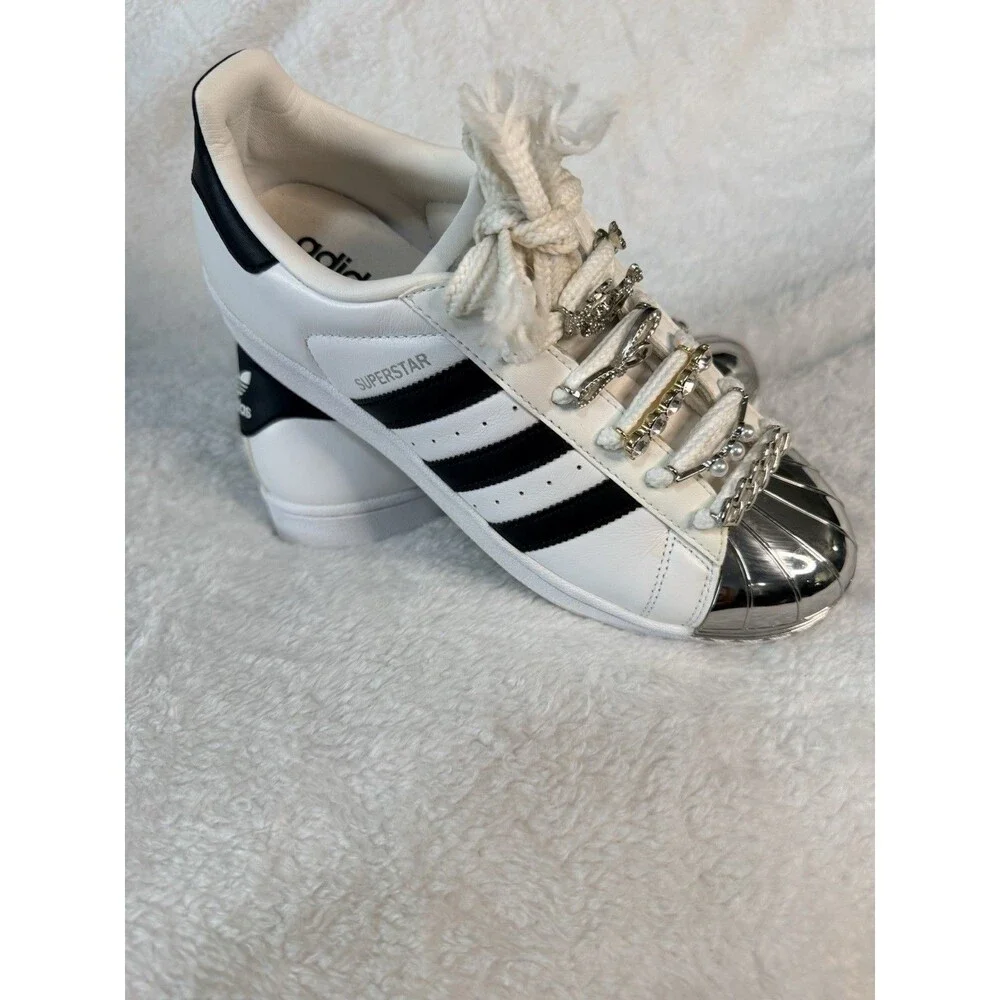 adidas Superstar Customized Women’s Sneakers White Black Metallic Silver Logo